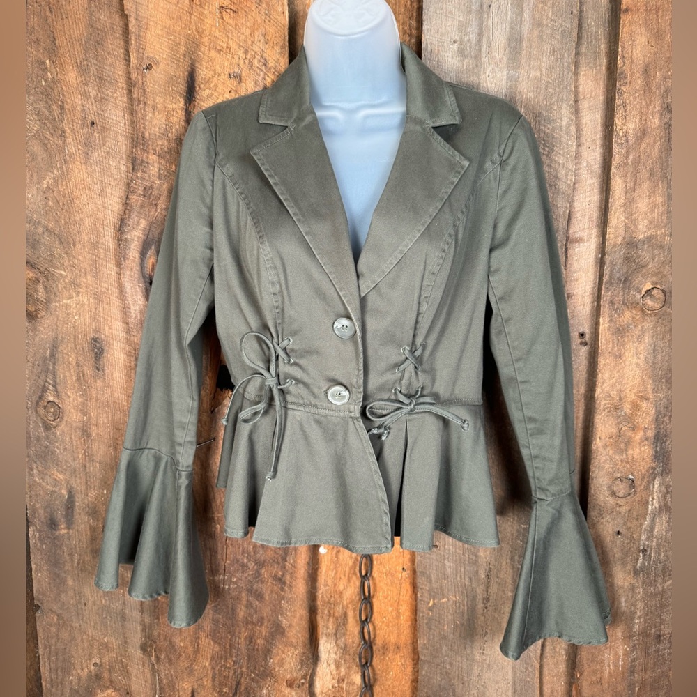 Aqua by Bloomingdale’s Olive Fitted Cotton/Spandex Peplum Jacket - X-Small